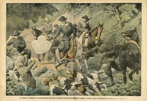 Illustration von Eugene Damblans (1865-1945) in Le Pelerin, 02/07/05 - Roosevelt, Präsident der Vereinigten Staaten, abgelenkt von den Sorgen der Macht durch die Jagd auf Grizzlybären in den Rocky Mountains - Amerika USA, Jagd USA, Rocky Mountains - Hund, 