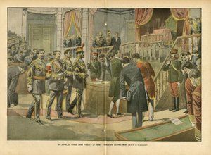 Illustration von Eugene Damblans (1865-1945) in Le Pelerin, 03/04/04 - In Japan leitet Mikado die Eröffnungssitzung des Parlaments von Eugene Damblans