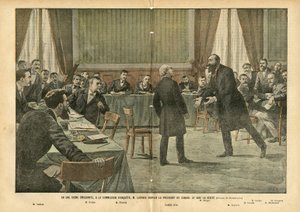 Illustration von Eugene Damblans (1865-1945) in Le Pelerin, 03/07/04 - In einer bewegenden Szene bittet M. Lagrave den Präsidenten des Rates, die Wahrheit zu sagen