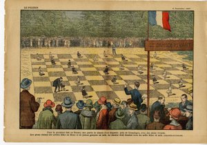 Illustration von Eugene Damblans (1865-1945) in Le Pelerin, 04/09/27 - Zum ersten Mal in Frankreich, ein Spiel der Damen... Lebendes Schachbrett - Spiel, Hobbys, Menge, Dame von Eugene Damblans