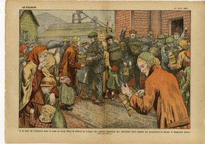 Illustration von Eugene Damblans (1865-1945) in Le Pelerin, 20/03/27 - Nach der Explosion in der Mine... bringen die Frauen der Bergleute den Rettern ihre Kanarienvögel, die das gefährliche Grubengas aufspüren - England Großbritannien, Bergbau, Industrie