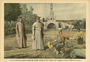 Illustration von Eugene Damblans (1865-1945) in Le Pelerin, 20/08/05 - Der Heilige Vater bei seinem täglichen Spaziergang in den Gärten des Vatikans, nicht weit von der Kapelle, die zu Ehren der Jungfrau von Lourdes errichtet wurde - Religion Glaube, Landw