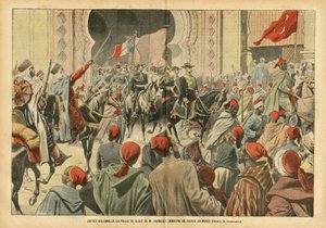 Illustration von Eugene Damblans (1865-1945) in Le Pelerin, 20/10/07 - Feierlicher Einzug in den Palast von Rabat durch Herrn Regnault, Minister von Frankreich in Marokko - Kolonisation Kolonialismus Kolonien, Architektur Stadtplanung, Marokko, Offizieller von Eugene Damblans