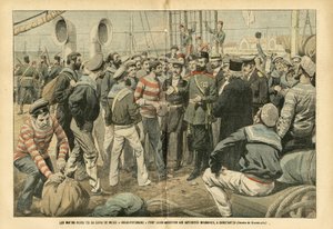Illustration von Eugene Damblans (1865-1945) in Le Pelerin, 23/07/05 - Die aufständischen Matrosen des russischen Schlachtschiffs Kniaz-Potemkin ergeben sich den rumänischen Behörden in Constantza - Russland, Maritime Marine Küste, Rumänien, Revolution von von Eugene Damblans