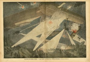 Illustration von Eugene Damblans (1865-1945) in Le Pelerin, 24/11/07 - Eine Episode zukünftiger Kriege - Wie werden die Schlachten zur Zeit der Luftschiffe sein - Krieg, Ballons Luftschiffe Zeppeline Aerostation, Nacht, Kämpfen von Eugene Damblans