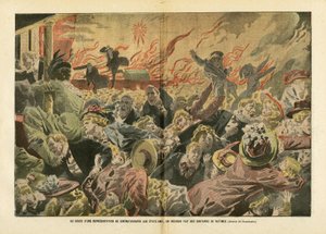 Illustration von Eugene Damblans (1865-1945) in Le Pelerin, 26/01/08 - Während einer Filmvorführung in den Vereinigten Staaten wurden Hunderte von Opfern bei einem Brand getötet - Amerika USA, Verschiedene Fakten, Kino, Menge, Feuer von Eugene Damblans