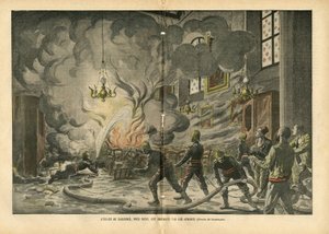 Illustration von Eugene Damblans (1865-1945) in Le Pelerin, 26/06/04 - Die Kirche von Suresnes, nahe Paris, wird von den Apachen niedergebrannt - Verschiedene Fakten, Religion Glaube, Unsicherheit, Kathedrale Kirchen, Feuer, Suresnes, Katholizismus - Apach