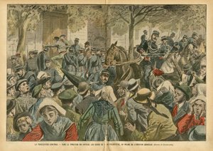 Illustration von Eugene Damblans (1865-1945) in Le Pelerin, 27/10/07 - Die Verfolgung geht weiter in Finistère, die Pfarrer werden aus ihrem Pfarrhaus vertrieben