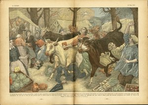 Illustration von Eugene Damblans (1865-1945) in Le Pelerin, 28/03/37 - Die große jährliche Messe von Lezay bei Niort - Verschiedene Fakten, Wirtschaft, Menge, Geschäfte, Landwirtschaft, Gemüse - Kuh, Rind, Wanderverkäufer von Eugene Damblans