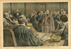 Illustration von Eugene Damblans (1865-1945) in Le Pelerin, 28/07/07 - MGR Carcassonnes Bischof vor dem Korrektionsgericht, weil er eine Ehe gesegnet hat, während des Streiks der Bürgermeister - Justiz Prozess, Religion Glaube, Ehe, Carcassonne, Katholizis von Eugene Damblans