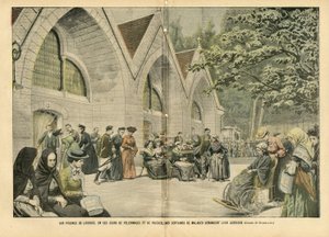 Illustration von Eugene Damblans (1865-1945) in Le Pelerin, 28/08/04 - An den Becken von Lourdes, in diesen Tagen der Wallfahrten und Gebete, bitten Hunderte von Patienten um ihren Krieg - Medizin, Religion Glaube, Architektur Stadtplanung, Katholisch