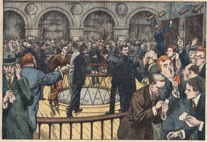 Innere Ansicht der Pariser Börse. Illustration von Damblans. In „Le Pelerin“ vom 5. Dezember von Eugene Damblans