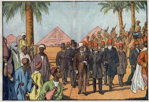 König Amanullah von Afghanistan (1892-1960) besucht die Pyramiden von Ägypten, begleitet von einer Eskorte von Meharisten. Kairo, Ägypten. Illustration von Damblans. In „Le Pèlerin“ vom 22. Januar