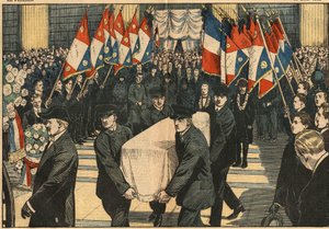 Begräbnis von Maurice Ridart, der von Polizisten in der Kirche La Madeleine in Paris getötet wurde. Die Fahnen der Jugendpatrioten salutieren seinen Sarg. Illustration von Damblans. In „Le Pèlerin“ vom 18. April von Eugene Damblans