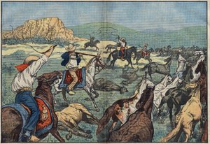 Mexikanische Bauern schießen wilde Pferde, um die Nahrungsmittelknappheit in ihrem Land zu vermeiden. El Paso Plains, Mexiko. Illustration von Damblans. In „Le Pelerin“ vom 6. Oktober von Eugene Damblans