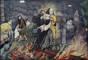 Schwester Marie Gabrielle rettet ein Kind während des Brandes des Waisenhauses von Bernards Ville in den USA. Illustration von Damblans in „Le Pelerin“ vom 27. November von Eugene Damblans