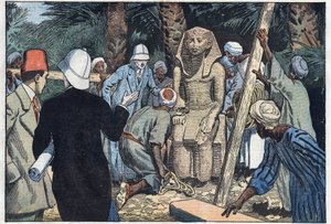 Die französische archäologische Mission entdeckt eine Statue des jugendlichen Sesostris III., die in den Louvre gebracht wird. Medamoud, altes Theben, Ägypten. Illustration von Damblans. In „Le Pèlerin“ vom 22. November