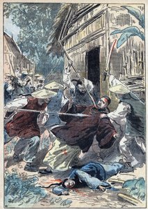 Der französische Priester Berthollet, Priester der Auslandsmissionen, wurde von chinesischen Nationalgardisten in der Nähe der Stadt Yun Ngan Cheou am 21. April 1898 ermordet. Illustration von Damblans in „Le Pelerin“ vom 10. Juli