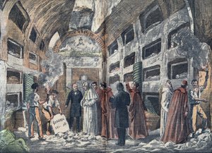 Der Archäologe Giovanni Battista de Rossi (1822-1894) lässt Papst Pius IX. die Krypta der Päpste besuchen, die er gerade entdeckt hat (1852) - Illustration von Damblans in „le-Pelerin“ 1923