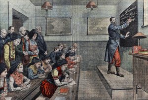 Die erste Klasse in Französisch im zurückeroberten Elsass. Illustration von Damblans. In „Le Pelerin“ von 1914 von Eugene Damblans