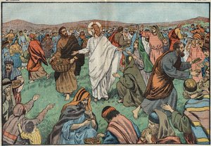 Die Brotvermehrung: am Ufer des Sees Tiberias sättigt Jesus Christus (Jesus Christus) die Bevölkerung, indem er fünf Gerstenbrote und zwei Fische vermehrt. Illustration von Damblans. In „Le Pelerin“ vom 18. März