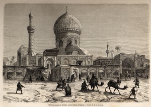 Der Marktplatz und die Ahmet-Khiaia-Moschee in Bagdad, Zeichnung von Eugene Flandin (1809-1876), Illustration seiner Reise nach Mesopotamien 1840-1842. Gravur in „Le tour du monde“ 1861. Selvas Sammlung von Eugene Flandin