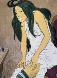 Eine Drogenabhängige injiziert sich selbst, frühes 20. Jahrhundert von Eugene Grasset