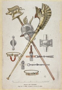 Zubehör des gallischen Kriegers: Banner, das einen Saglier schmückt, der Helm und das Kriegshorn (Carnyx) - in „Illustrierte Lehrhefte, Kriegskostüme der Bronzezeit und der gallischen Zeit“, ed. Grasset von Eugene Grasset