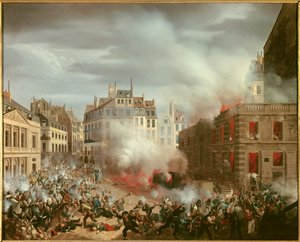 Revolution von 1848: „Brand des Wasserturms am Platz des Königspalastes am 24. Februar 1848“. Gemälde von Eugene Hagnauer von Eugene Hagnauer