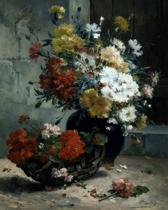 Stillleben mit Sommerblumen (Geranien und Gänseblümchen). Gemälde von Eugene Henri Cauchois (1850-1911) Privatsammlung. von Eugene Henri Cauchois
