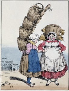 Die Markthalle: zwei Frauen im Gespräch und mit Körben - in „Erinnerungen eines Müßiggängers“ von Eugène Forest, ed. Delpech, Paris, um 1830 von Eugene Hippolyte Forest