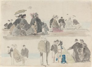 Damen und Herren am Strand, in zwei Registern, ca. 1865