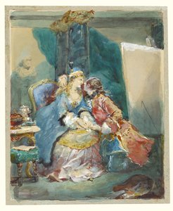 Ein Paar, das sich in einem Künstleratelier umarmt