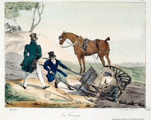 Kutschenunfall verursacht durch die Schiene. Illustration des Buches „La vie de château“. Gravur von Eugene Louis Lami (1800-1890) von Eugene Louis Lami