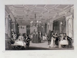 Ansicht des Inneren des Restaurants „Les trois frères provençaux“ in der Nähe des Palais Royal in Paris. Gravur von Eugene Louis Lami (1800-1890) 1843 Private Sammlung von Eugene Louis Lami