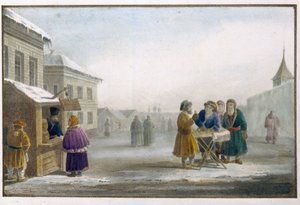 Tabakhändler vor einem Tabakladen in Russland