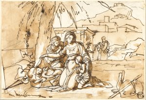Madonna mit Kind, Heilige Anna und der kleine Heilige Johannes, mit Heiligem Josef im Hintergrund von Eugenio Agneni