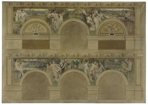Skizze für einen der Einführungsräume des Hôtel de Ville de Paris: Le Travail. Les Réjouissances. La Charité, 1892 von Eugène Martial Simas