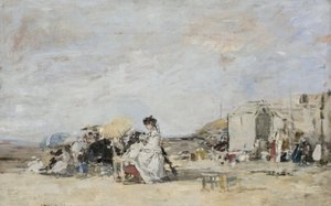 Dame in Weiß am Strand von Trouville