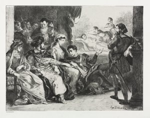 Hamlet: Hamlet befiehlt den Schauspielern, eine Szene aus der Vergiftung seines Vaters zu spielen von Eugène Delacroix
