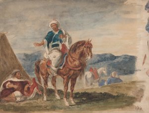 Drei arabische Reiter in einem Lager