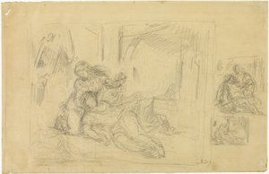 Sterbende Frau(?), Mann im Schlafzimmer, zwei Skizzen desselben von Eugène Delacroix