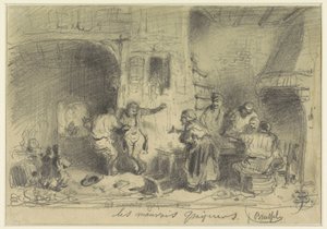 Wirtshausinterieur mit betrunkenen Besuchern, die sich weigern zu zahlen (Titel auf dem Objekt) von Eugène François de Block