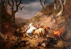 Hungrige Wölfe greifen eine Gruppe Reiter an von Eugène Verboeckhoven