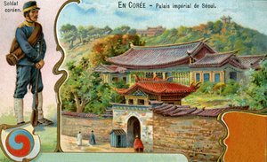 Ein koreanischer Soldat, das koreanische Symbol des Taegeuk und eine Ansicht des Kaiserpalastes in Seoul, 1904