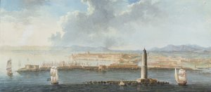 Ansicht eines Hafens vom Meer aus, wahrscheinlich Livorno