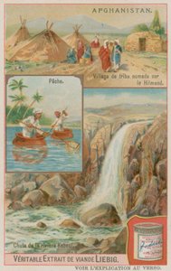 Ein Wasserfall des Kabul-Flusses mit Fischern und einem nomadischen Stammesdorf in Helmand
