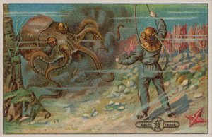 Ein Taucher von einem Oktopus bedroht