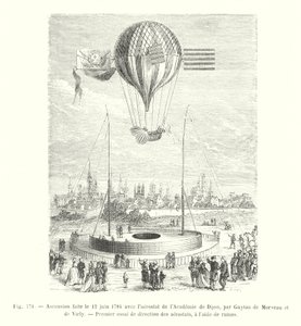 Aufstieg am 12. Juni 1784 mit dem Aerostat der Akademie von Dijon, durch Guyton de Morveau und de Virly, Erster Versuch der Steuerung von Aerostaten mit Hilfe von Rudern (Stich) von European School