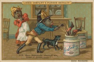 Karikatur Afrikaner fällt in Leibig Fleischextrakt Glas